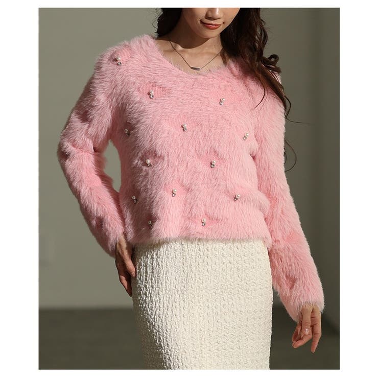 ピンク | リュクスな輝き放つパール付きシャギーニットトップス レディース ファッション | Sawa a la mode