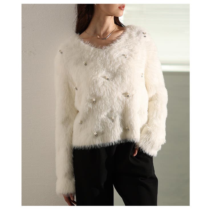 ホワイト | リュクスな輝き放つパール付きシャギーニットトップス レディース ファッション | Sawa a la mode