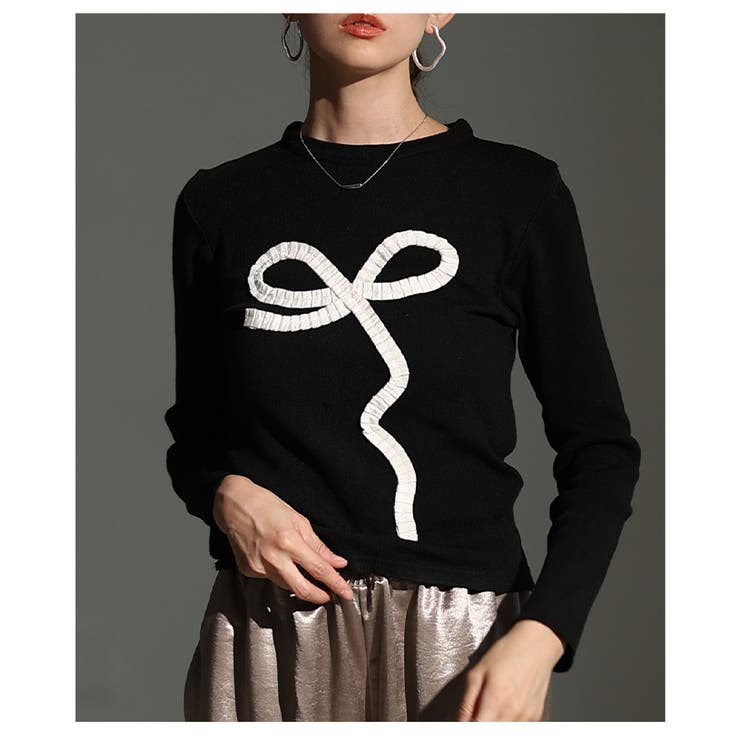 ブラック | 心惹かれるプリーツリボンが描かれたニットトップス レディース ファッション | Sawa a la mode