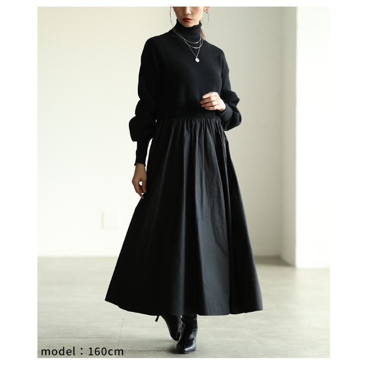 ブラック | 忙しい朝も即オシャレに決まるドッキングフレアワンピース レディース ファッション | Sawa a la mode