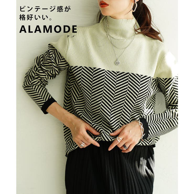 グリーン | 着るだけでサマになるジオメトリック柄ニットトップス レディース ファッション | Sawa a la mode