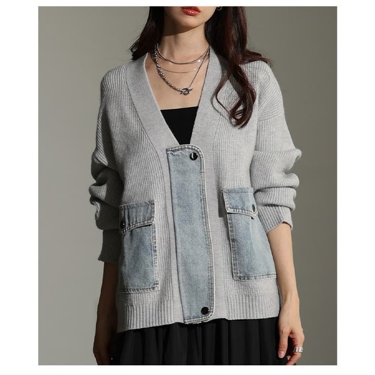 ライトグレー | 周りと差を付ける異素材デニム×リブニットカーディガン レディース ファッション | Sawa a la mode