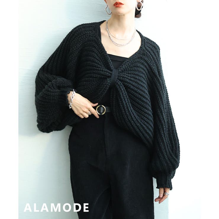 ブラック | リボンを纏うニットボレロ レディース トップス | Sawa a la mode