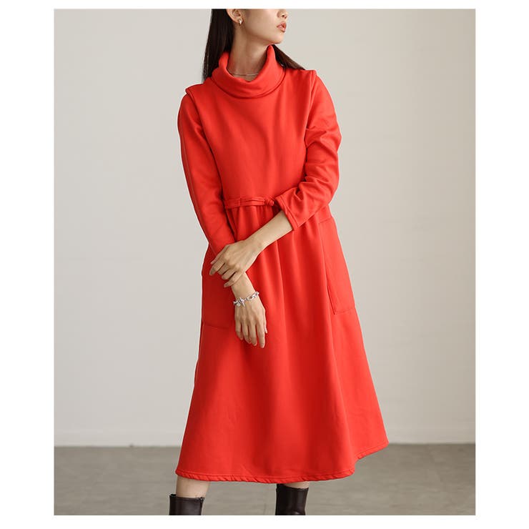 レッド | きれい見えなのに暖かな裏起毛ハイネックフレアワンピース レディース ファッション | Sawa a la mode