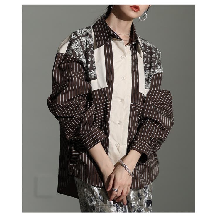 ブラウン | 綺麗めエッジなストライプ×ペイズリー異素材シャツ レディース ファッション | Sawa a la mode
