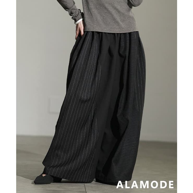 ブラック | 動くたび表情が変わるストライプ切替ワイドパンツ レディース ボトムス | Sawa a la mode