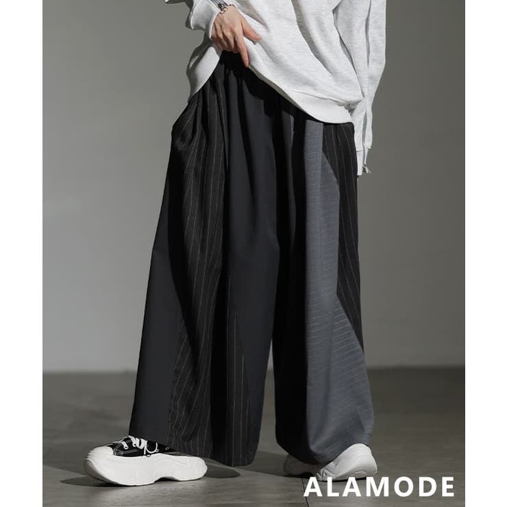 グレー | 動くたび表情が変わるストライプ切替ワイドパンツ レディース ボトムス | Sawa a la mode