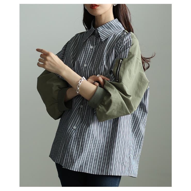 グリーン | モード感度漂う異素材ドッキングストライプ柄シャツ レディース ファッション | Sawa a la mode