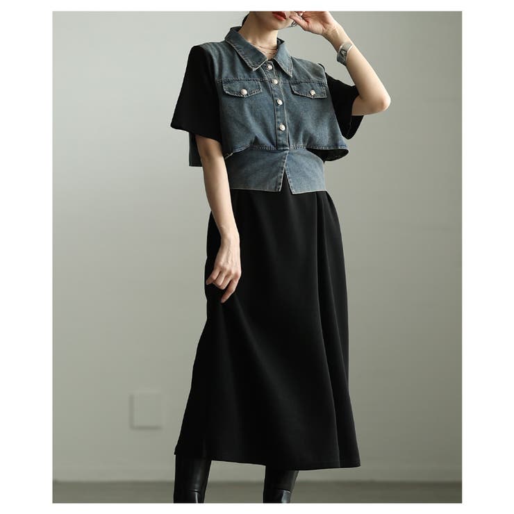 ブラック | 美シルエット描く異素材ドッキング重ね着風ワンピース レディース ファッション | Sawa a la mode