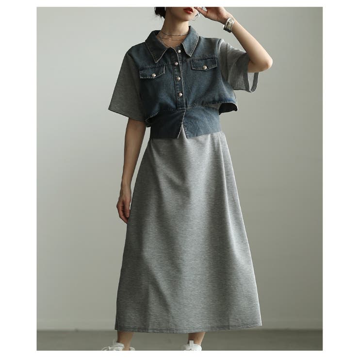 グレー | 美シルエット描く異素材ドッキング重ね着風ワンピース レディース ファッション | Sawa a la mode