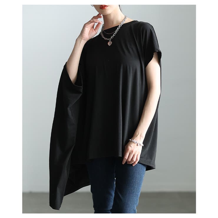 ブラック | 静かな存在感宿るアシンメトリーチュニックカットソー レディース ファッション | Sawa a la mode