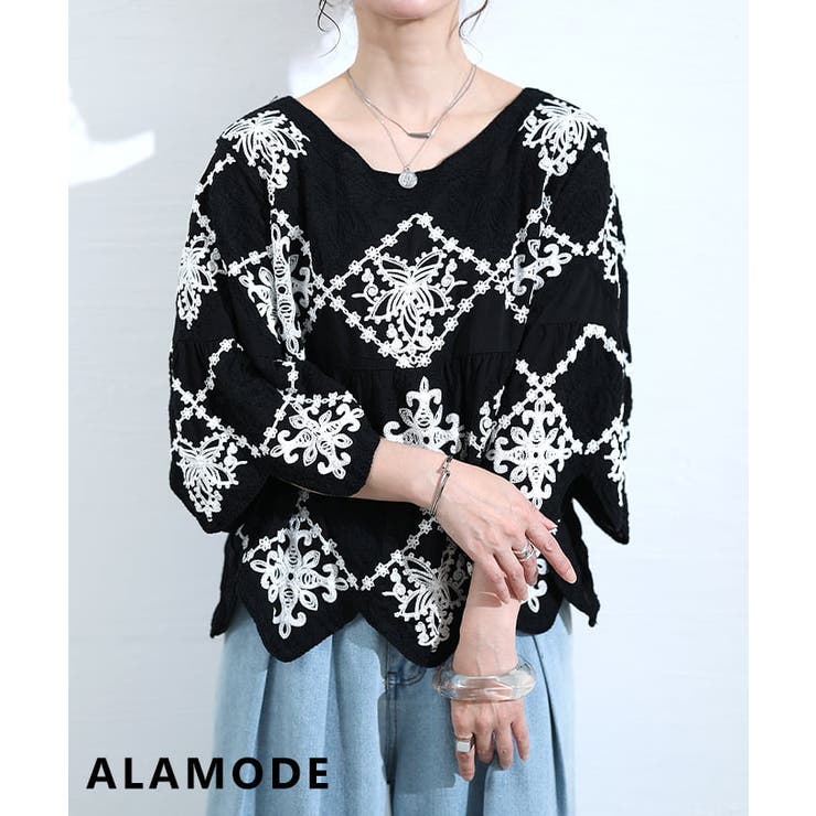ブラック | ナチュラルに映えるモロッカン刺繍コットンブラウス レディース トップス | Sawa a la mode