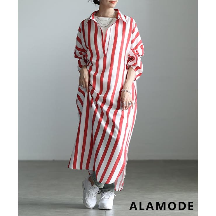 レッド | 縦ラインで魅せるスキッパーネックストライプワンピース レディース ワンピース | Sawa a la mode