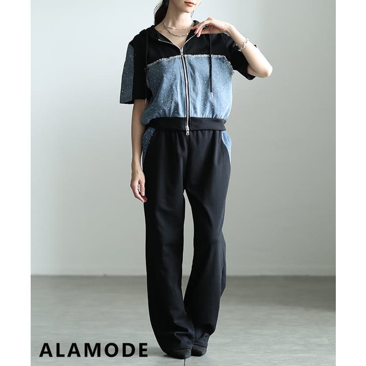 ブラック | きらめきを添えたデニム切替セットアップ レディース ワンマイルウェア | Sawa a la mode
