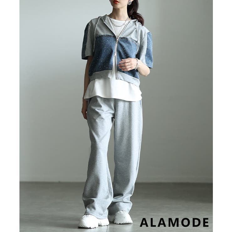 グレー | きらめきを添えたデニム切替セットアップ レディース ワンマイルウェア | Sawa a la mode