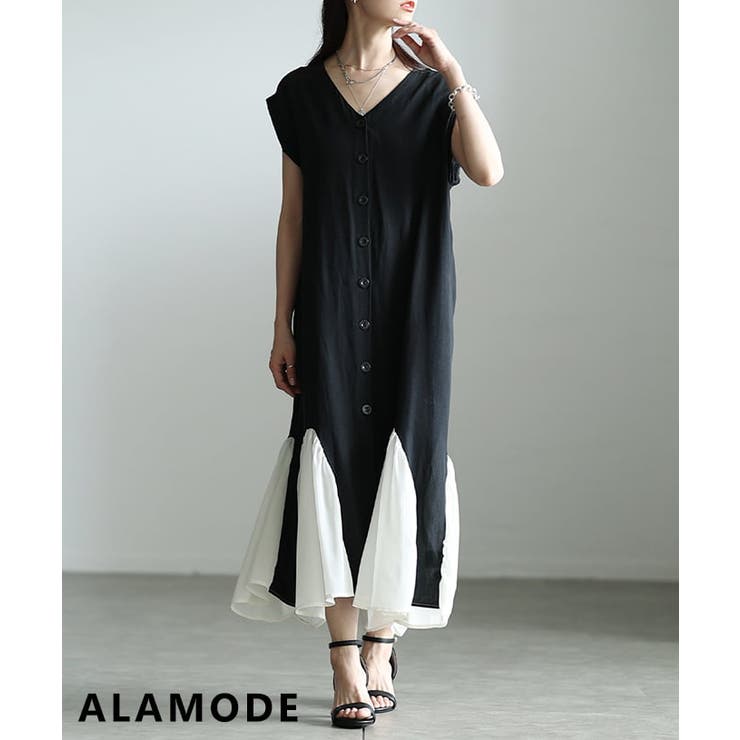 ブラック | シックに映える異素材フレアヘムサマーワンピース レディース ワンピース | Sawa a la mode
