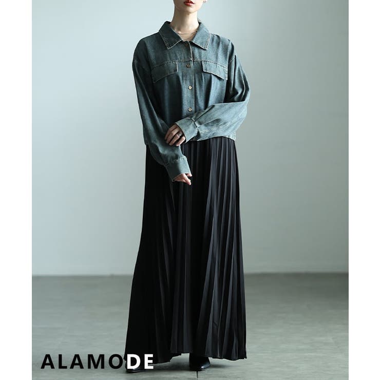 ブラック | お洒落に決まるデニムドッキングプリーツワンピース レディース ワンピース | Sawa a la mode