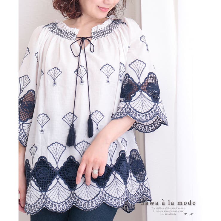 北欧風スカラップ刺繍の五分袖コットンブラウス トップス ブラウス 品番 Slmw Sawa A La Mode サワアラモード のレディースファッション通販 Shoplist ショップリスト