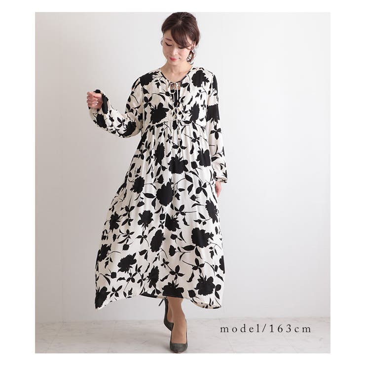 モノトーン花柄プリントのワンピース 長袖 ベージュ 品番 Slmw Sawa A La Mode サワアラモード のレディースファッション通販 Shoplist ショップリスト