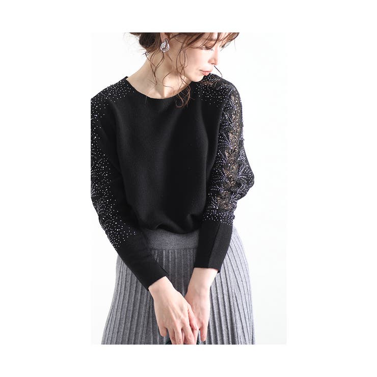 ブラック | 美しいストーン煌く花レースニット レディース ファッション | Sawa a la mode