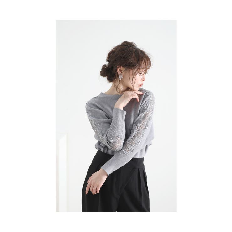 グレー | 美しいストーン煌く花レースニット レディース ファッション | Sawa a la mode