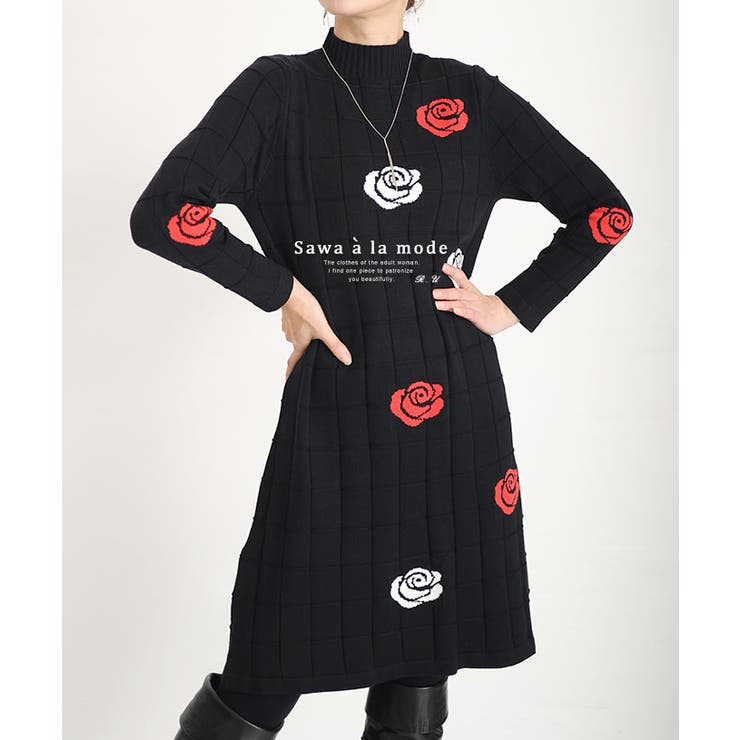 薔薇の花が舞うミディアムニットワンピース レディース ファッション