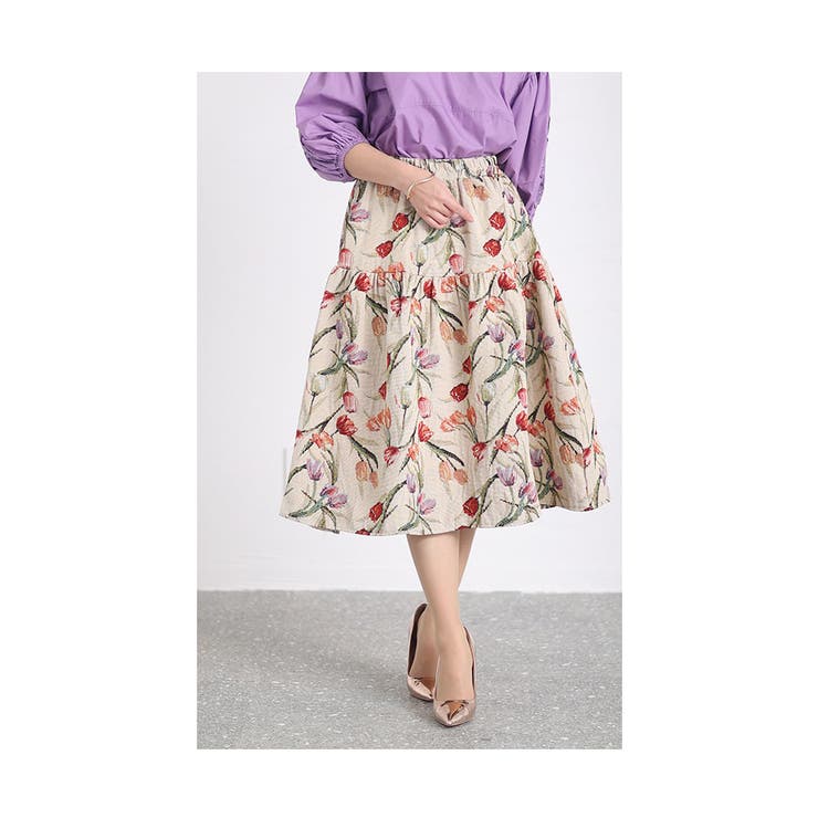 艶やかに咲くチューリップのゴブラン織りフレアスカート レディース  