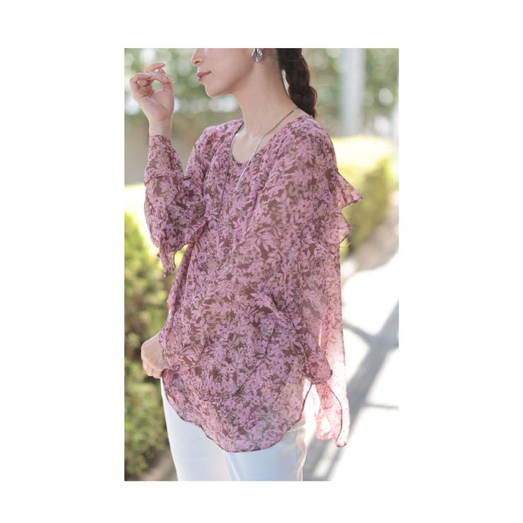 ピンク | 流れる華やかフリル袖のシアーブラウス レディース ファッション | Sawa a la mode