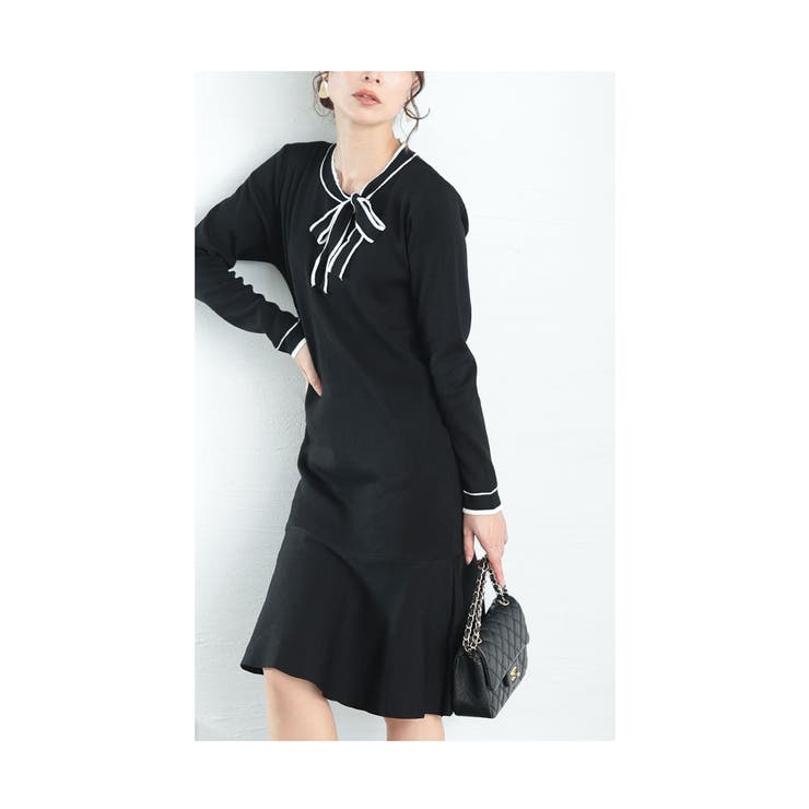 ブラック | ボウタイリボン付きマーメイドニットワンピース レディース ファッション | Sawa a la mode