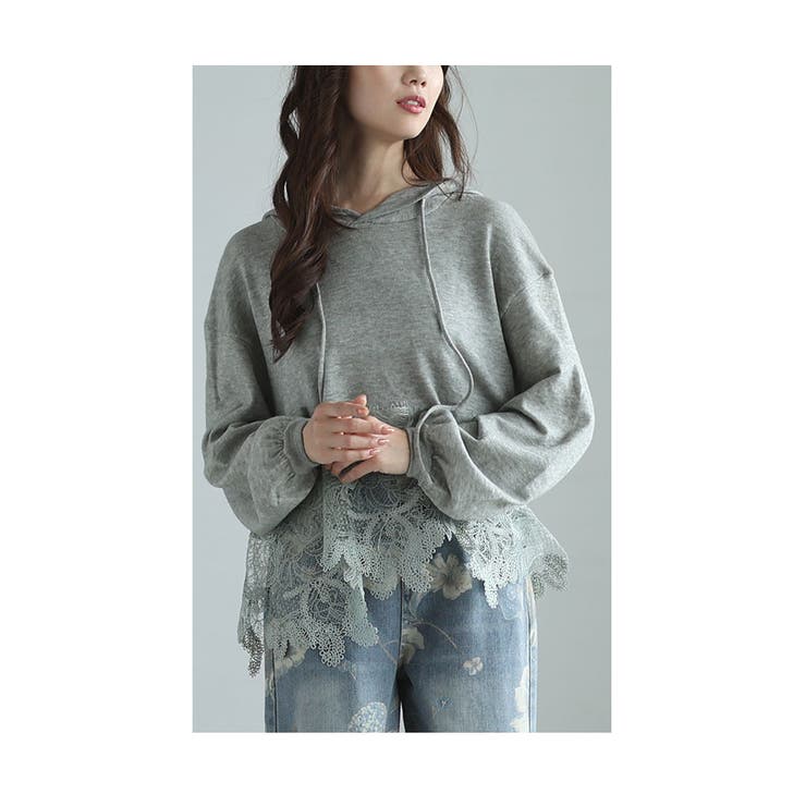 グレー | さりげない透け感が上品な裾レースニットパーカートップス レディース ファッション | Sawa a la mode