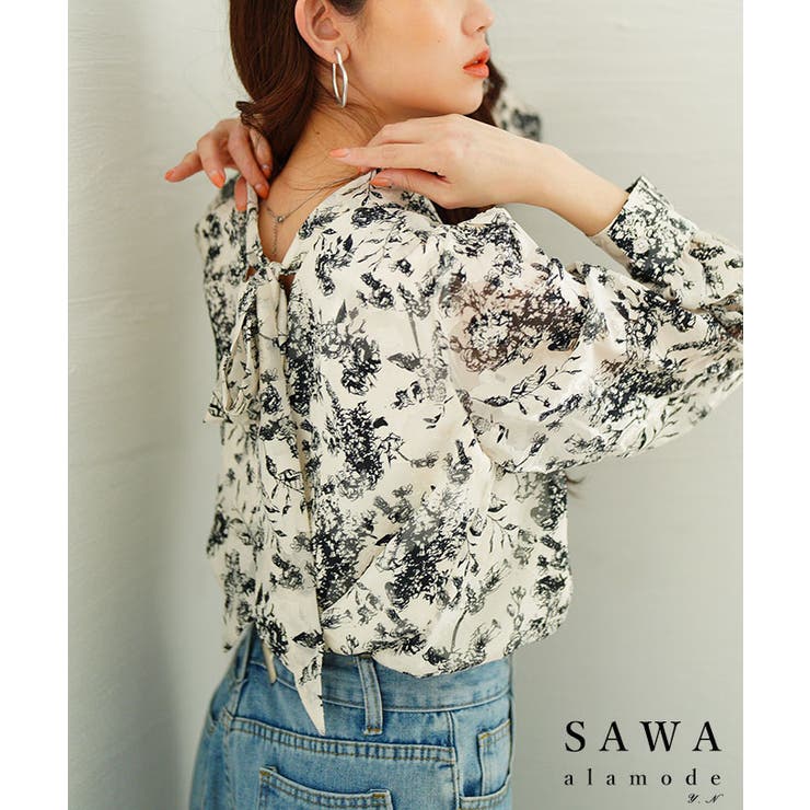 ブラック | バックリボンが目を惹くボタニカル柄シアーシャツブラウス レディース ファッション | Sawa a la mode