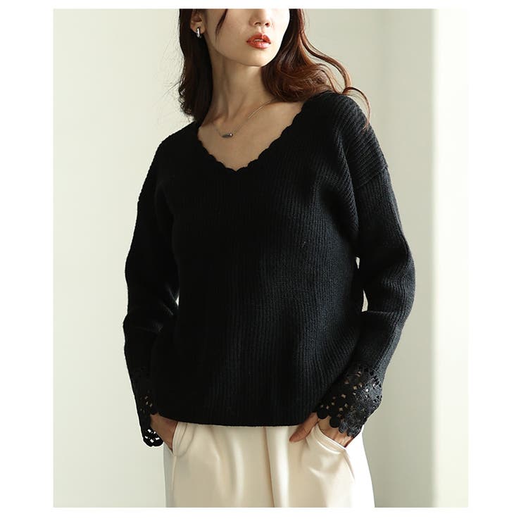 ブラック | 手元に浮かぶ袖口レースリブニットトップス レディース ファッション | Sawa a la mode