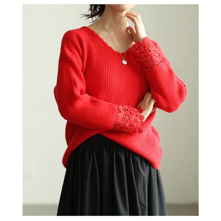 レッド | 手元に浮かぶ袖口レースリブニットトップス レディース ファッション | Sawa a la mode