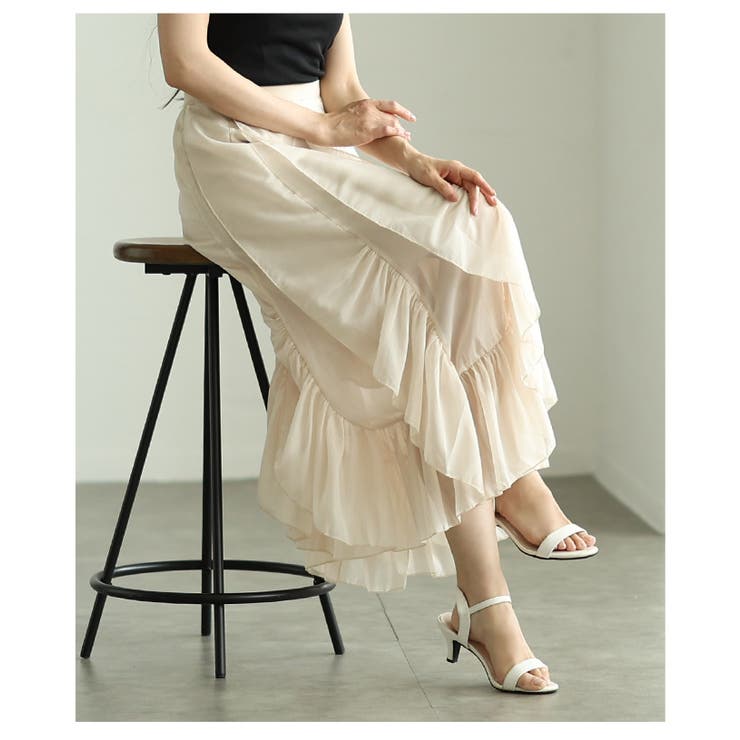 ベージュ | ひらひら波打つ花びらフリルのエレガントなシフォンスカート レディース ファッショ… | Sawa a la mode