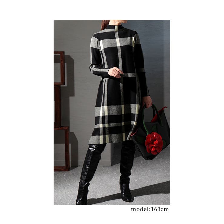 ブラック | タータンチェックニットワンピース レディースファッション チュニック | Sawa a la mode