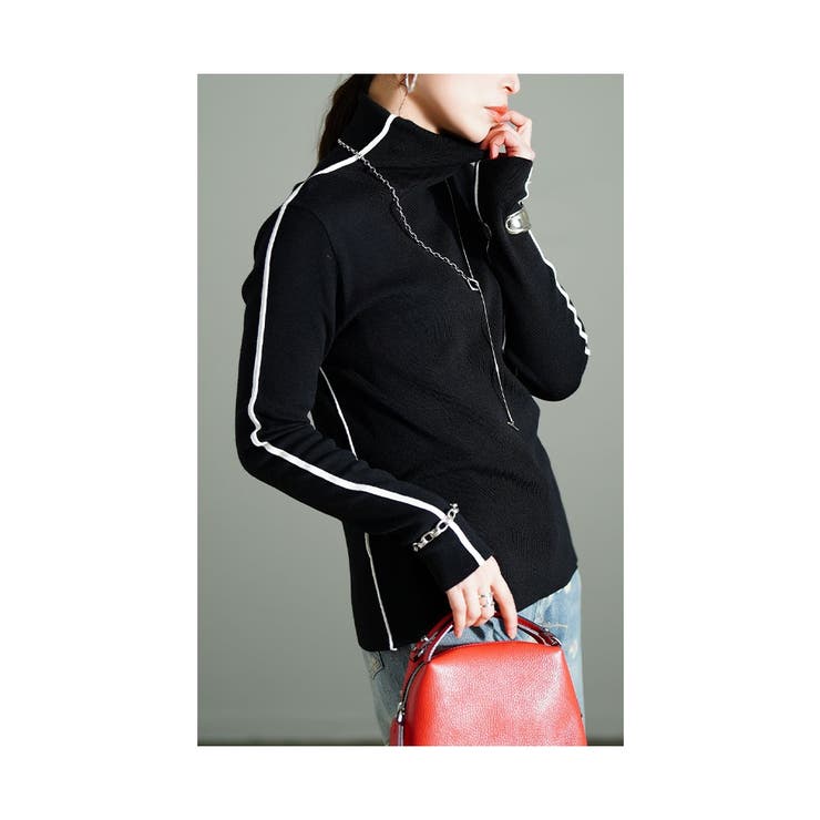 ブラック | エッジを加える配色ラインニットカットソー レディース ファッション | Sawa a la mode