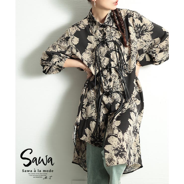 ブラック | 個性が宿る華やぎ花柄フリンジボタンシャツチュニック レディース ファッション | Sawa a la mode