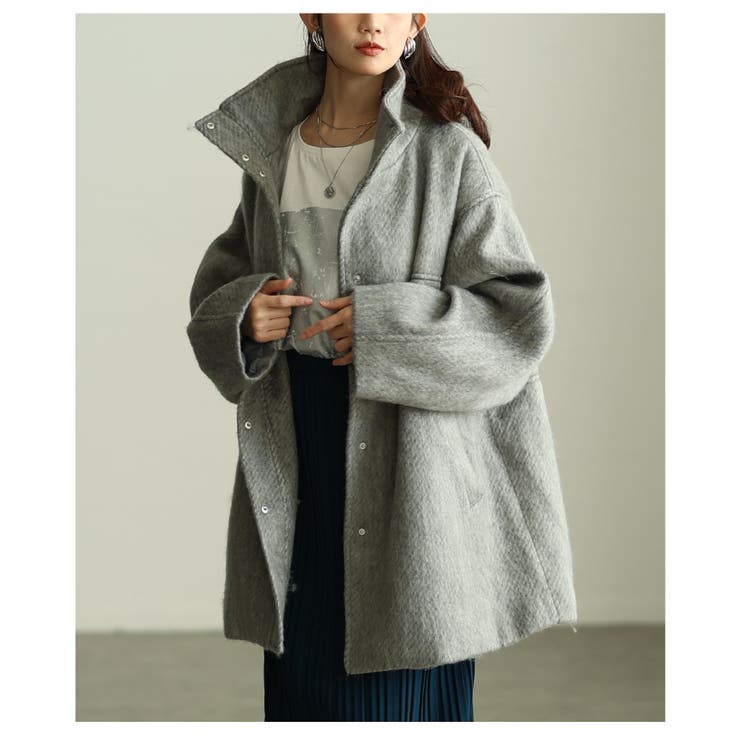 グレー | 風合い感じるシャギースタンドカラーミドルコート レディース ファッション | Sawa a la mode