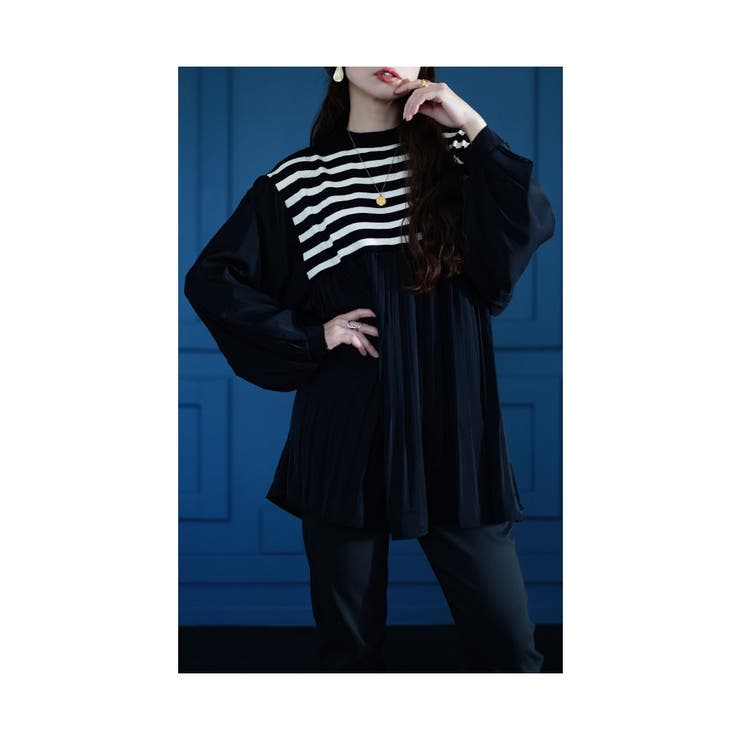 ブラック | 王道カジュアルをレディに異素材プリーツトップス レディース ファッション | Sawa a la mode