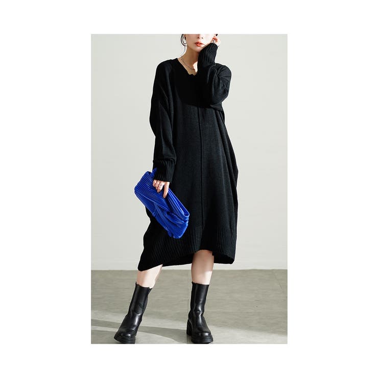 ブラック | 大人っぽく今どきにニットコクーンワンピース レディース ファッション | Sawa a la mode