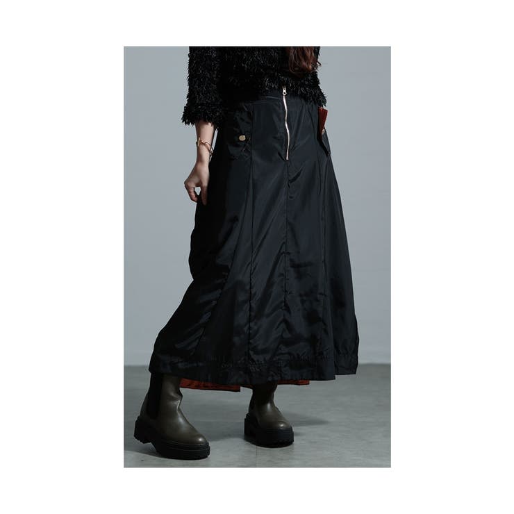 ブラック | 垢抜け大人のミリタリーフレア艶スカート レディース ファッション | Sawa a la mode