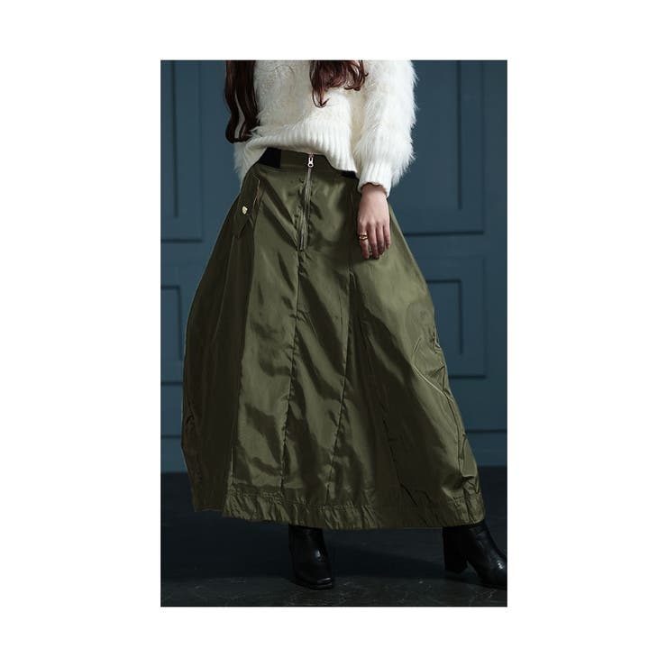 カーキ | 垢抜け大人のミリタリーフレア艶スカート レディース ファッション | Sawa a la mode
