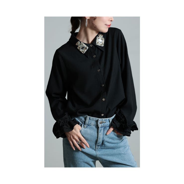 ブラック | ときめくビジューの贅沢さフリル袖ブラウス レディース ファッション | Sawa a la mode