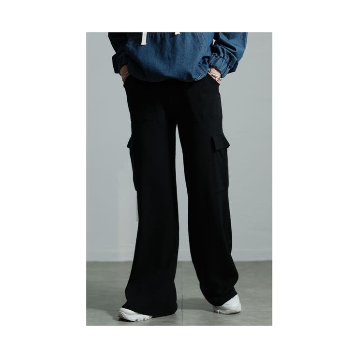 ブラック | スパイシーな大人スタイルニットカーゴパンツ レディース ファッション | Sawa a la mode