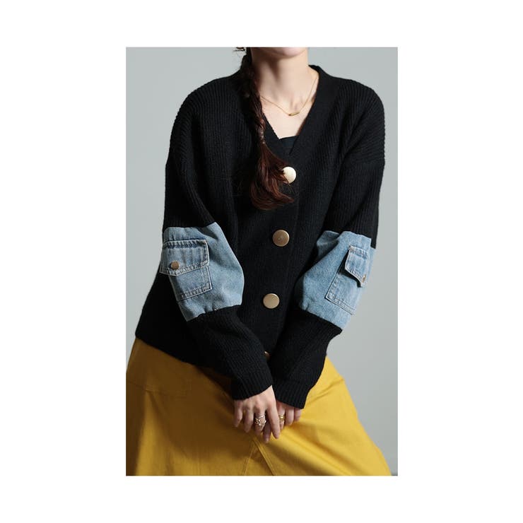 ブラック | 遊び心を刺激する異素材ニットカーディガン レディース ファッション | Sawa a la mode