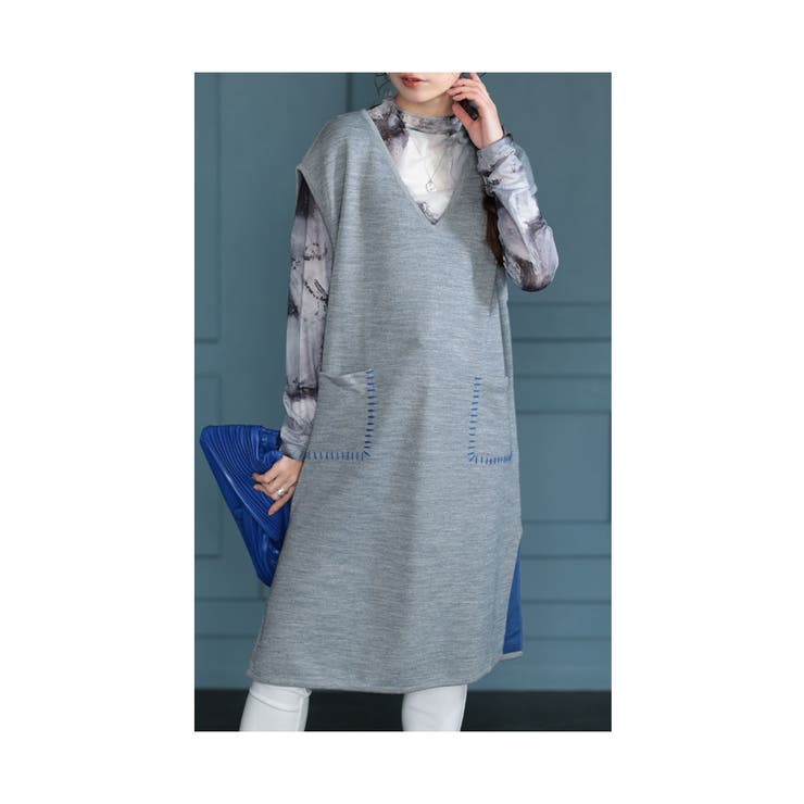 グレー | 配色ステッチでこなれるニットチュニックベスト レディース ファッション | Sawa a la mode