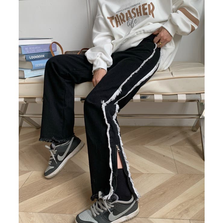 サイドジップハイウエストストレッチセミワイドデニムパンツ