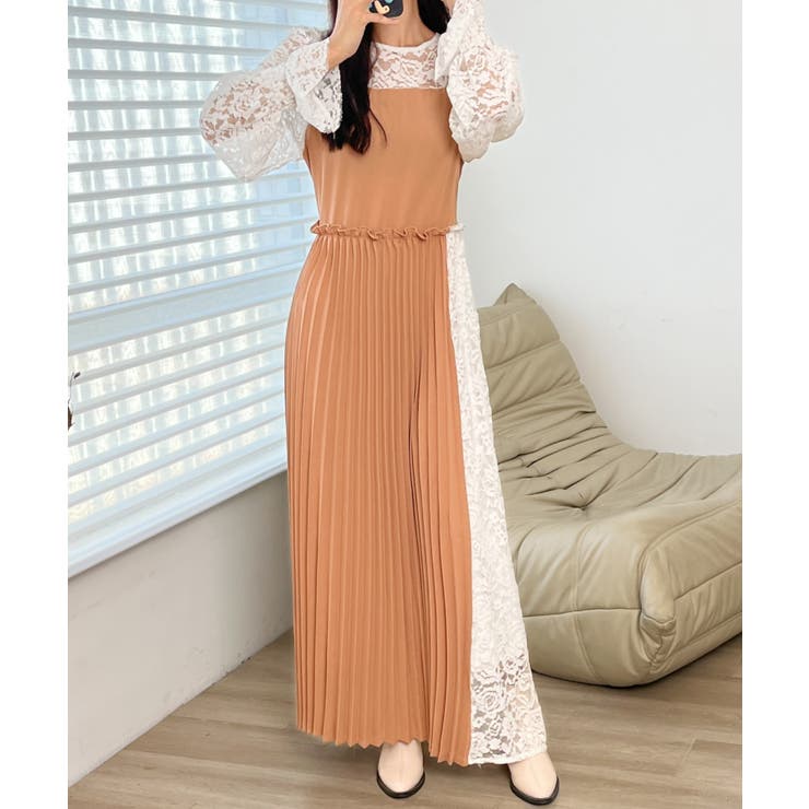 【フォーマル】ワンピース　ドレス　プリーツ ロング　切り替え　レース　日本製　L niana ドレス 刺繍レース切り替えプリーツロング結婚式