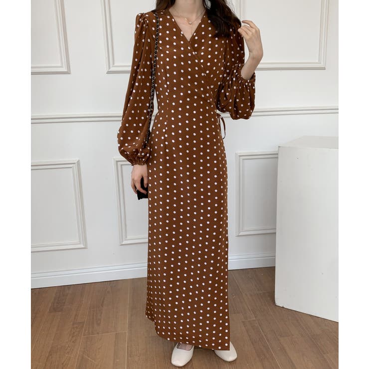 ドット柄サイドリボンパフスリーブカシュクールワンピース[品番