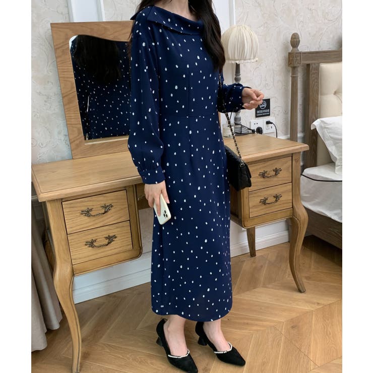 無地＆ドット柄デザイン襟ロングワンピース[品番：ABIW0010516